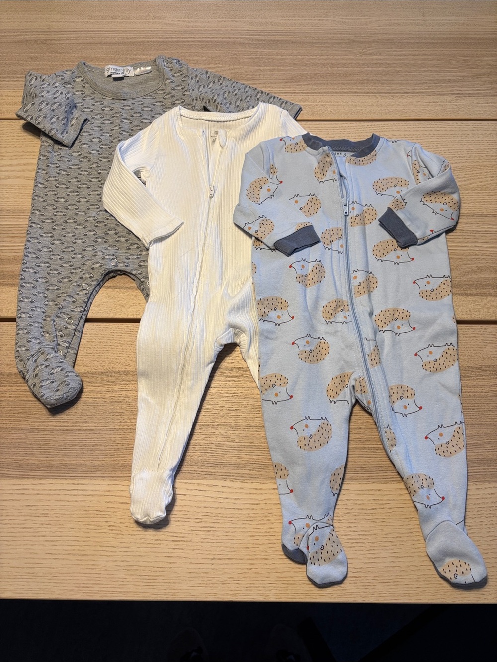 3-Pack Baby Footed One-Pieces in Gray, Cream & Light Blue by Unbranded